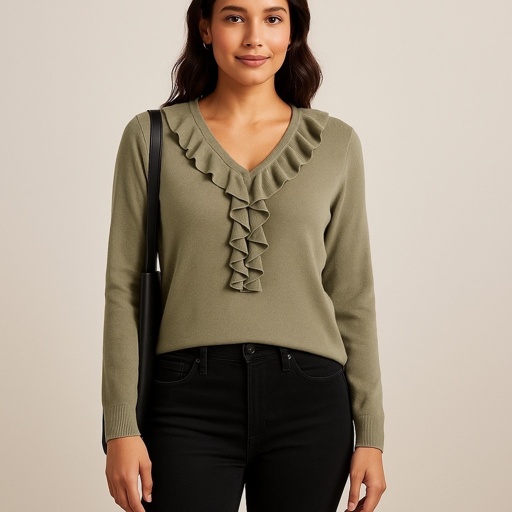 💫 Sag Harbor Ruffle Front Sweater - Light Olive Green (Women’s L)
